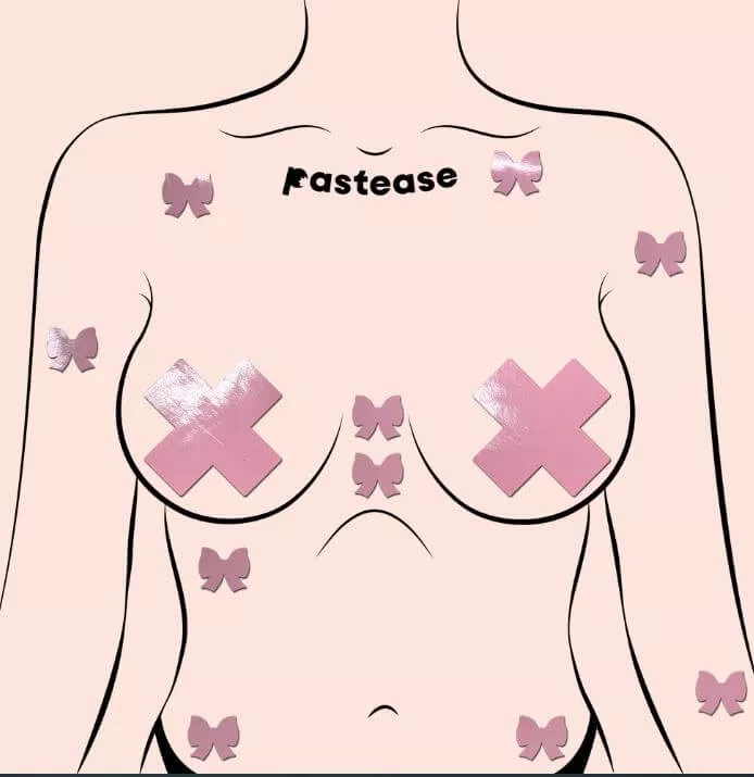 10 Mini Black and Baby Pink Bow Faux Patent Leather Body Pasties