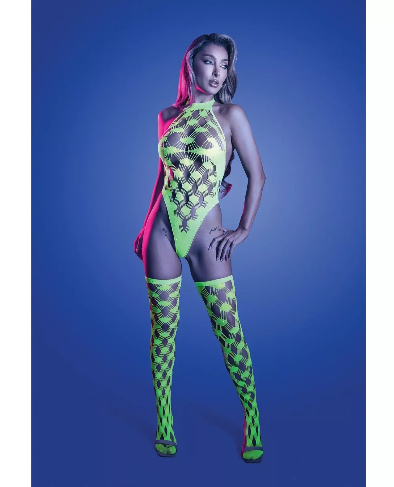 Adrenaline Halter Teddy & Stockings in Geometric Rhinestone Diamond Fi