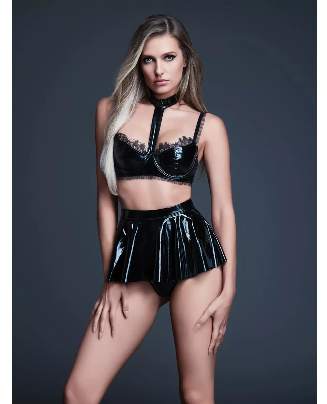 Allure Naughty Nights Latex Look Vinyl and Lace Choker Bra & Mini Skir