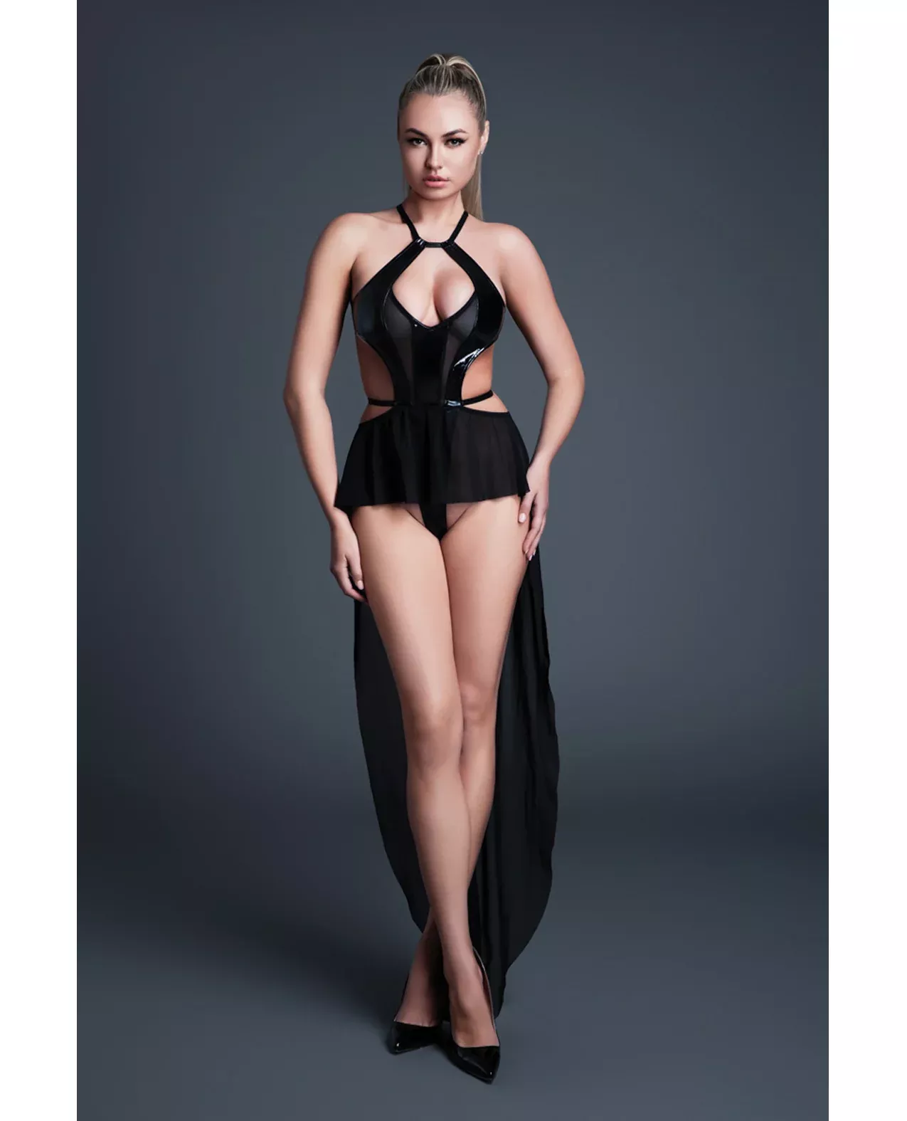 Allure Take Me Latex Look Vinyl and Mesh Teddy w/Attached Skirt