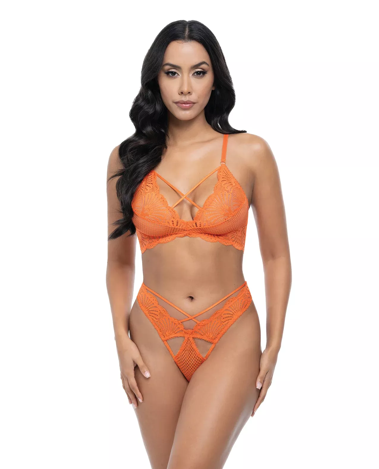 Amina Scallop Lace & Mesh Bralette w/Panty 2 pc Set - Dragon Fire Oran