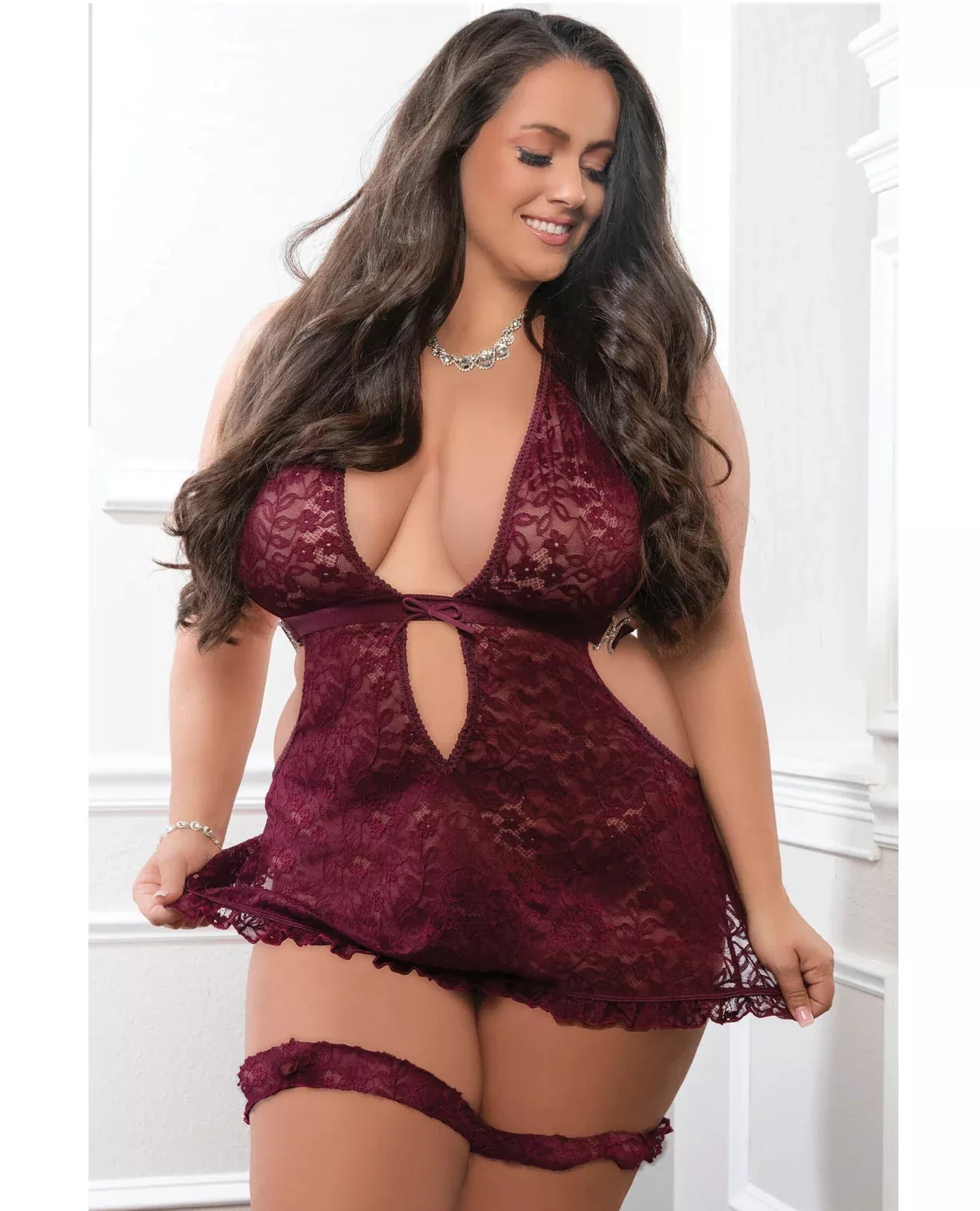 Apron Style Halter Mini Dress w/Thong & Lace Garters