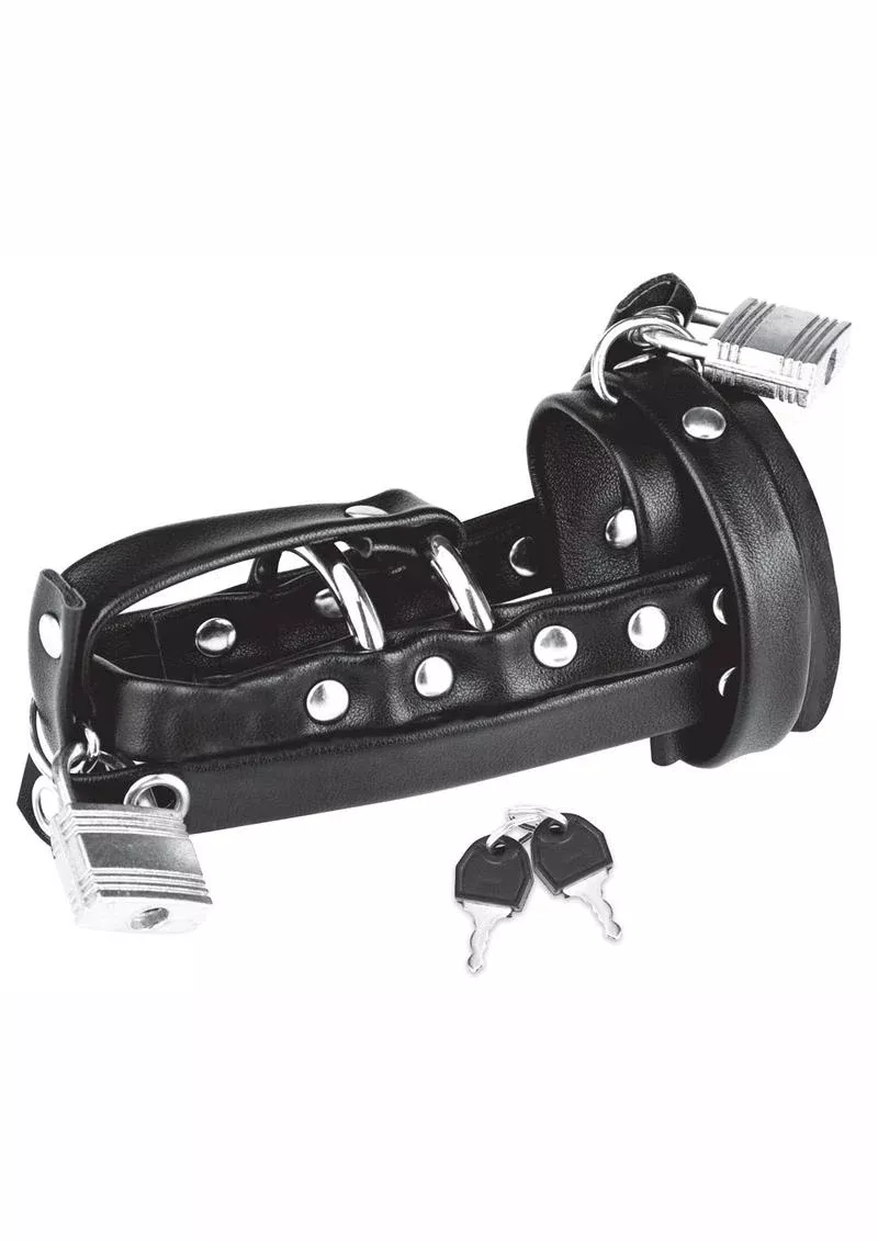 Blue Line C and B Gear Gimp Cock Locking Chastity Sheath with Metal Double Cock Ring
