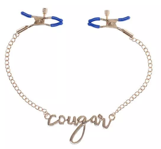 Cougar Nipple Clamps | Gold Chain with Adjustable Tension & Stylish Cursive Lettering