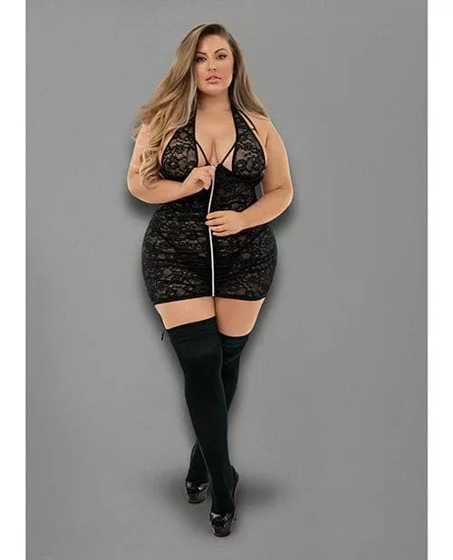 Euphoria Halter Zipper Chemise with Garters, G-string & Hose