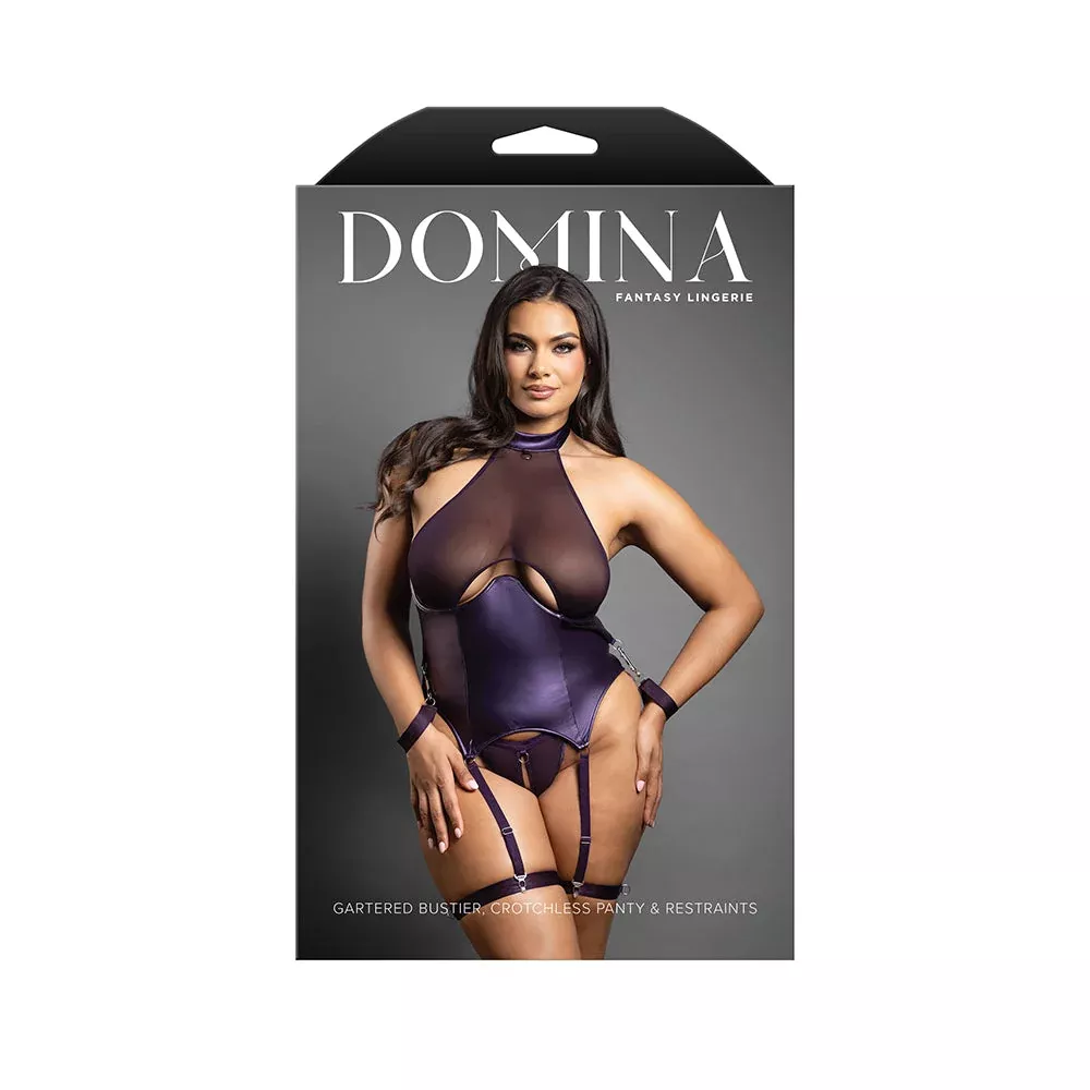 Fantasy Lingerie Domina Gartered Bustier & Crotchless Panty Restraints & Garters Deep Purple S/M | Red Garter