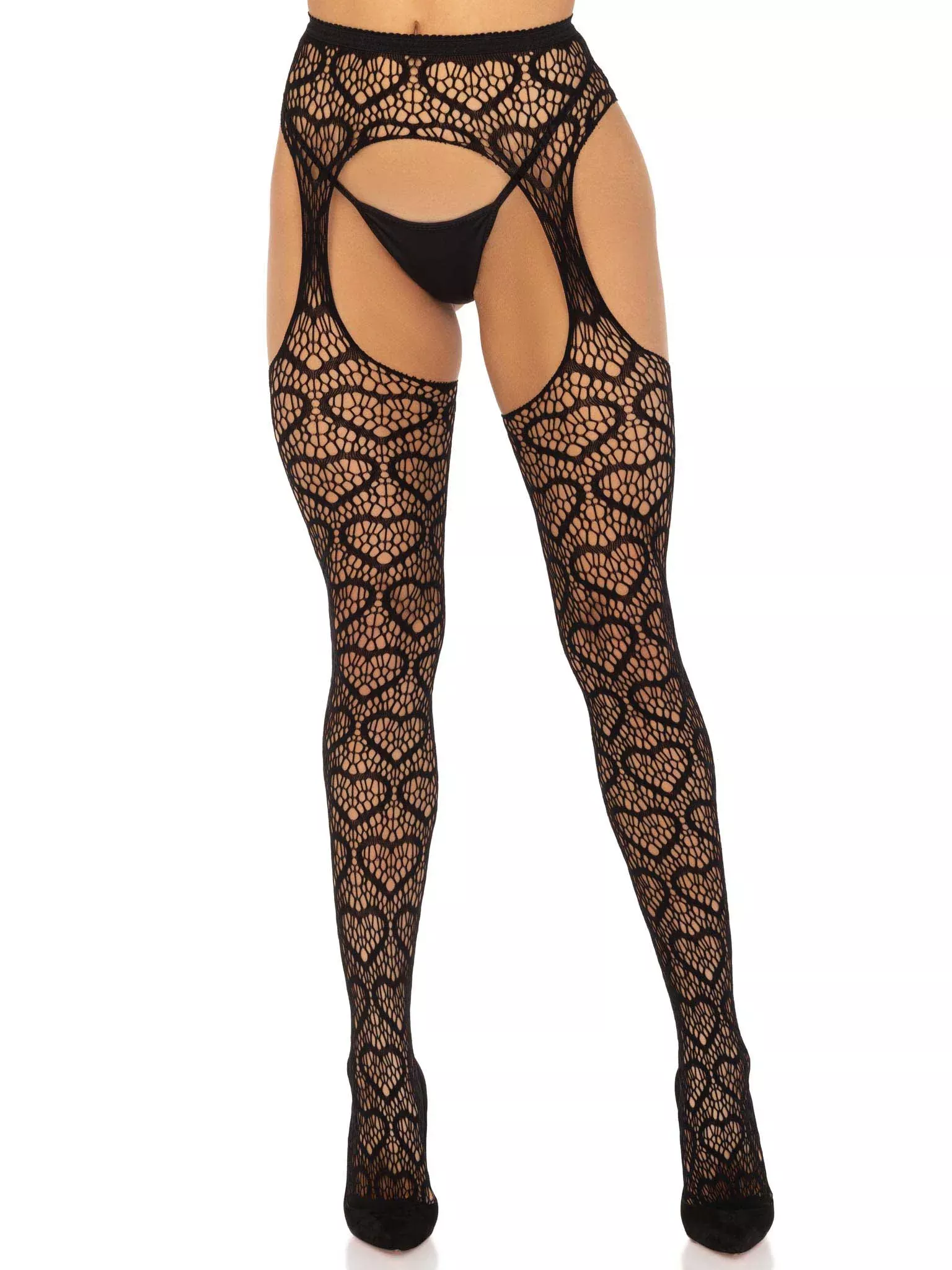Heart Net Suspender Pantyhose - One Size - Black | Stuffgoodies