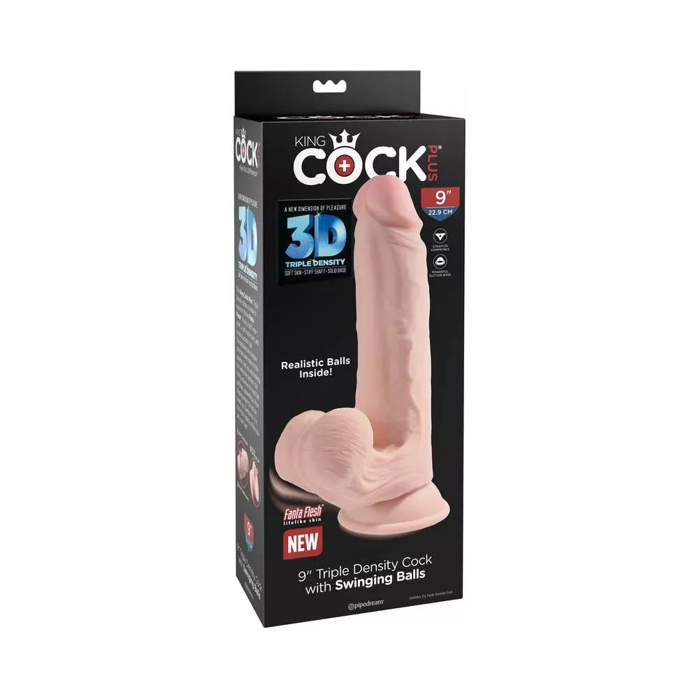 King Cock Plus 9 in. Triple-Density Cock With Swinging Balls Dildo Beige