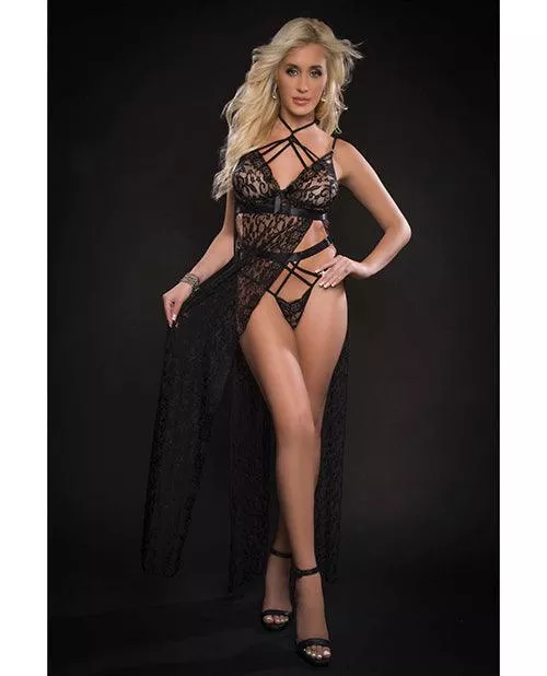 Lace Night Gown W-high Waist Strappy Panty Blackout (One-Size)