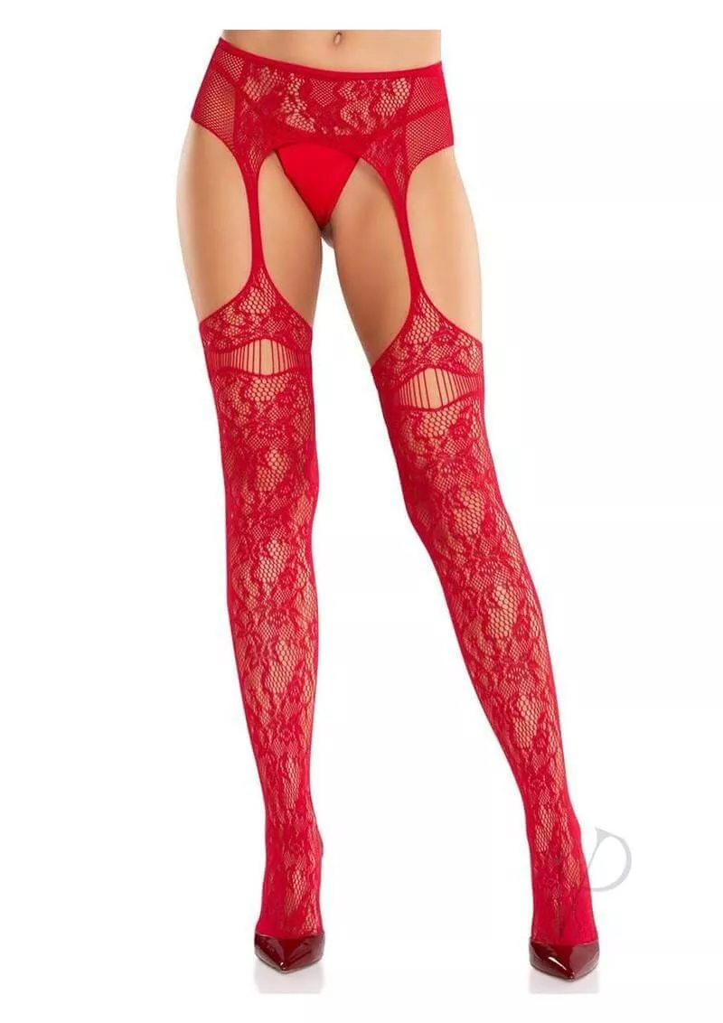 Leg Avenue Bloom Net Stockings & Garter Belt Red OS
