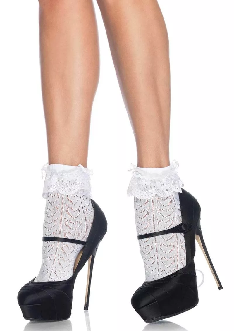 Leg Avenue Crochet Heart Lace Top Anklet Socks OS White