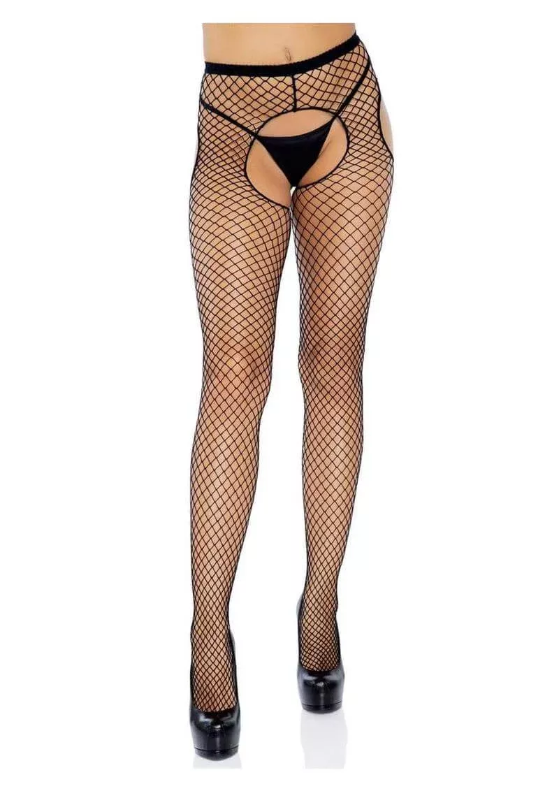 Leg Avenue Industrial Net Crotchless Garter Pantyhose Black