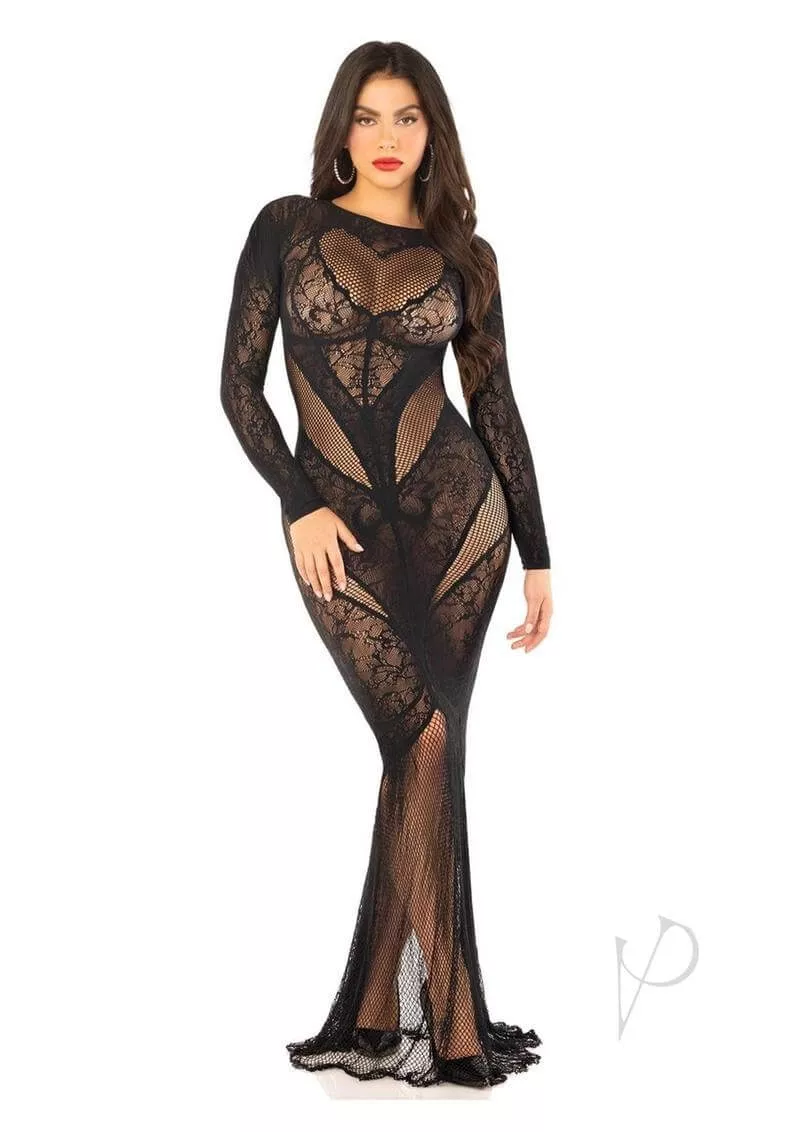 Leg Avenue Lace and Net Body Con Gown OS Black