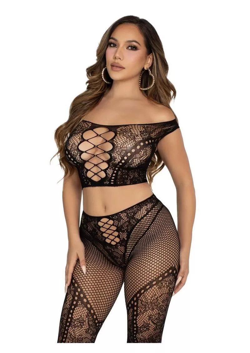 Leg Avenue Net and Lace Off-The-Shoulder Crop Top and Footless Tights