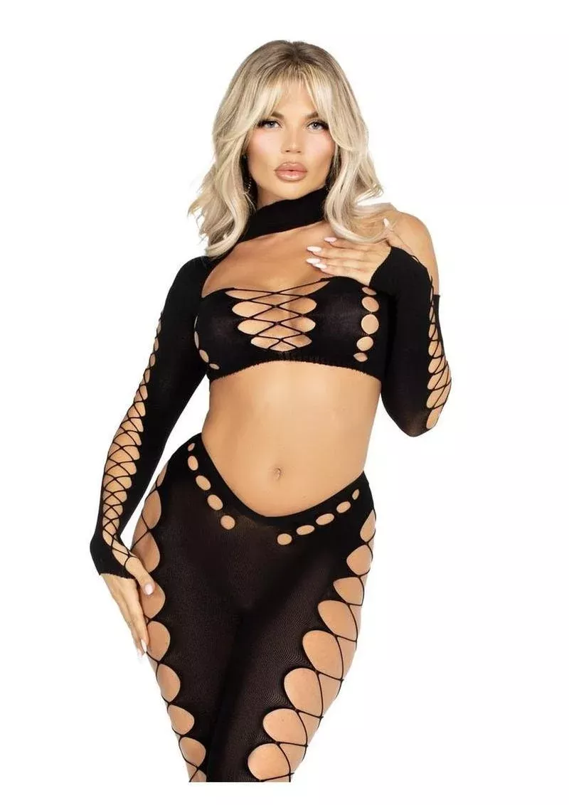 Leg Avenue Seamless Asymmetrical Cut Out Crop Top and Footless Tights