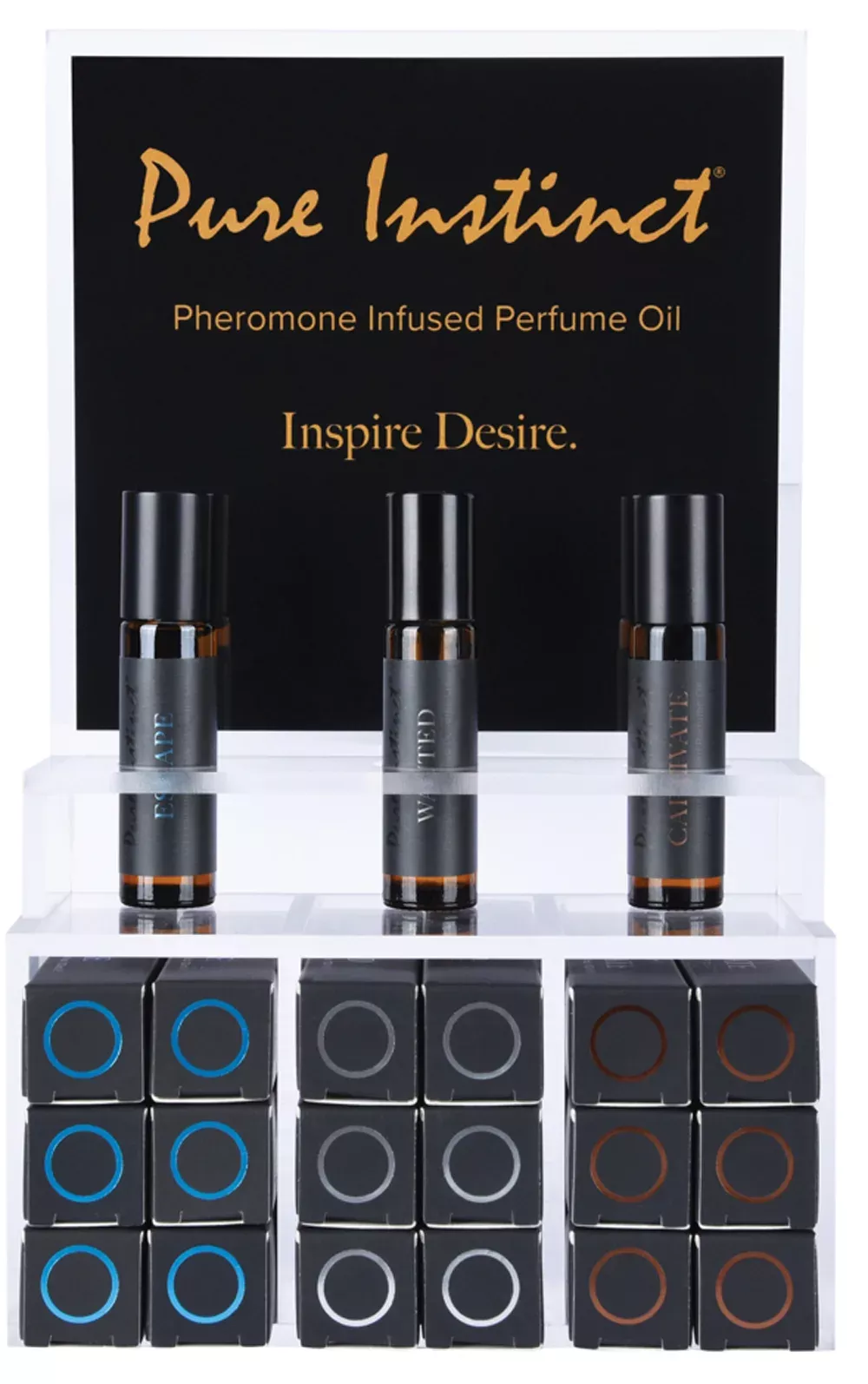 Pure Instinct Pheromone Infused Perfume Oil Men Acrylic Cube Display with Testers