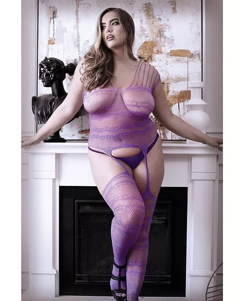 Purple Haze Sheer Strappy Gartered Bodystocking Purple Queen Size