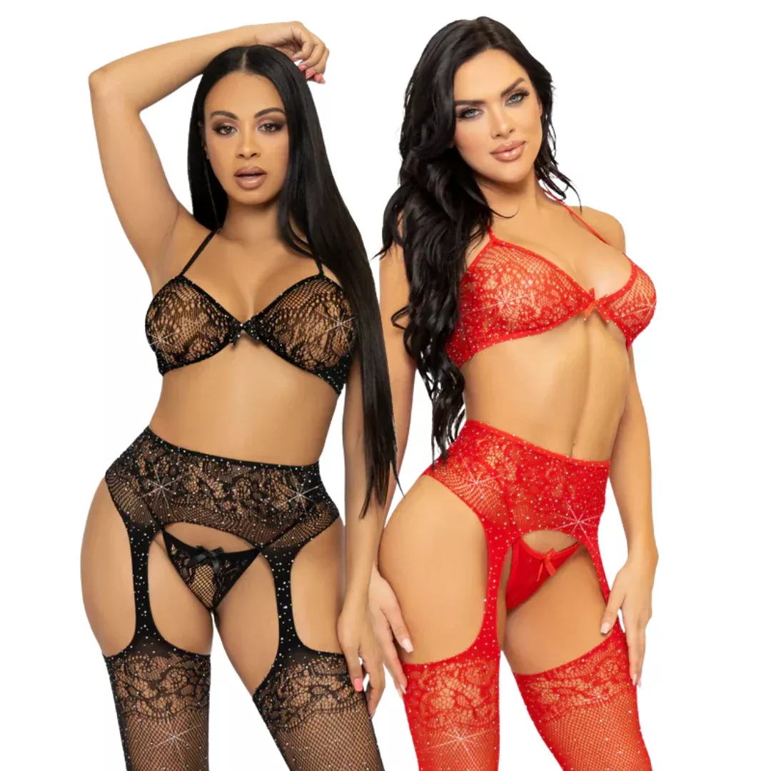 Rhinestone Lace Bra Top, G-String, and Fishnet Garter Belt Stocking | Leg Avenue