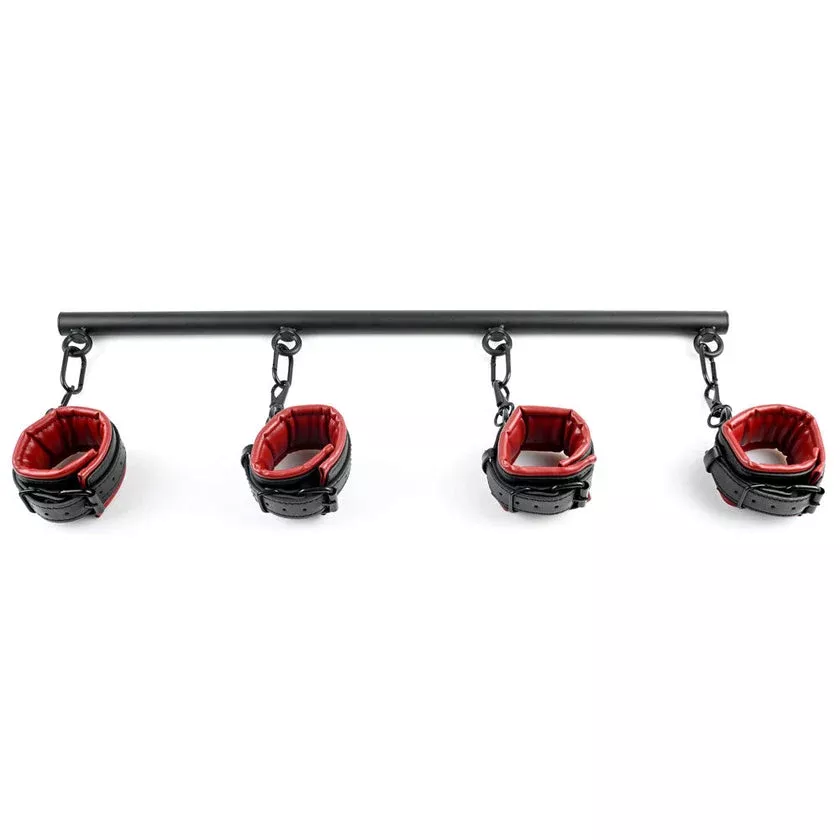 Saffron Red and Black Adjustable Spreader Bar and Vegan Leather Cuffs | Sportsheets