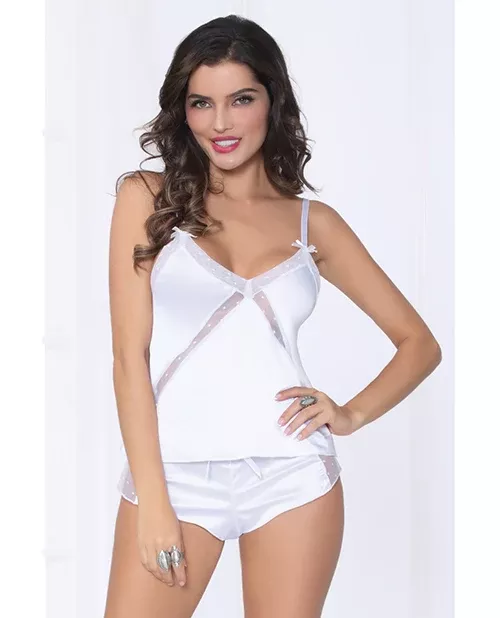 Satin Cami W-dot Mesh Trim W-matching Shorts White SM-XL