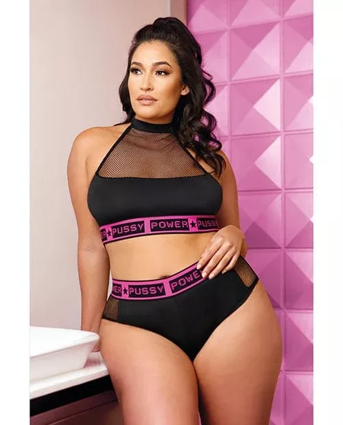Vibes Pussy Power Micro-net Halter Top & Booty Short Black Queen Size