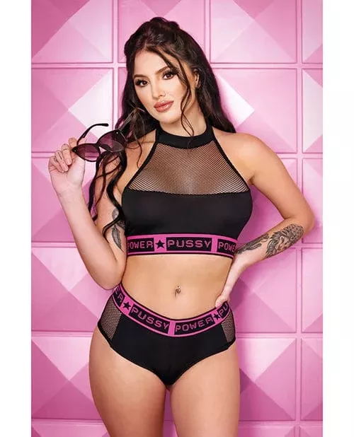 Vibes Pussy Power Micro-net Halter Top & Booty Short