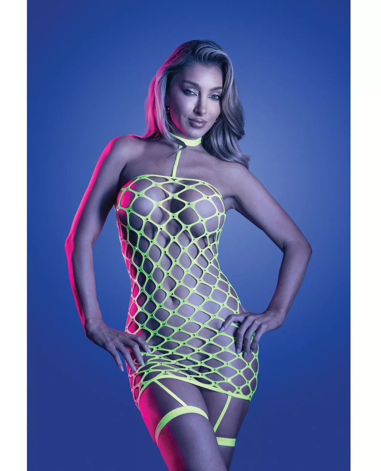 Warning Sign Gartered Fishnet Dress w/Rhinestone Detail - Neon Green O