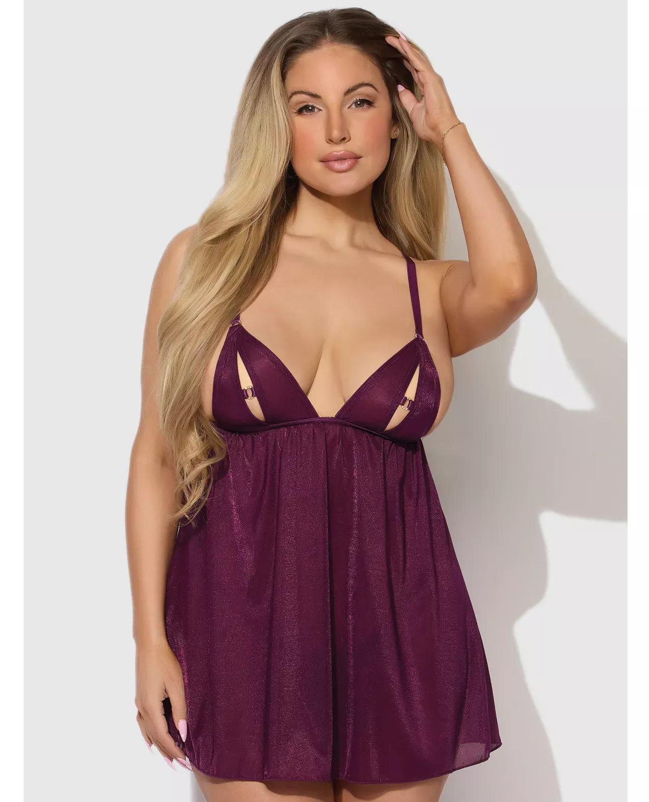 Yasmine Shimmer Mesh O-Ring Slit Cup Babydoll & G-String Set