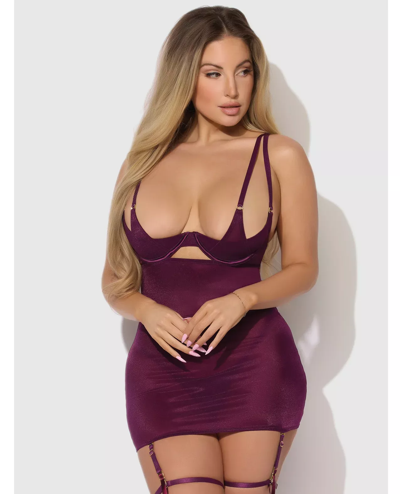 Yasmine Shimmer Mesh O-Ring Thigh Garter Chemise & G-String Set